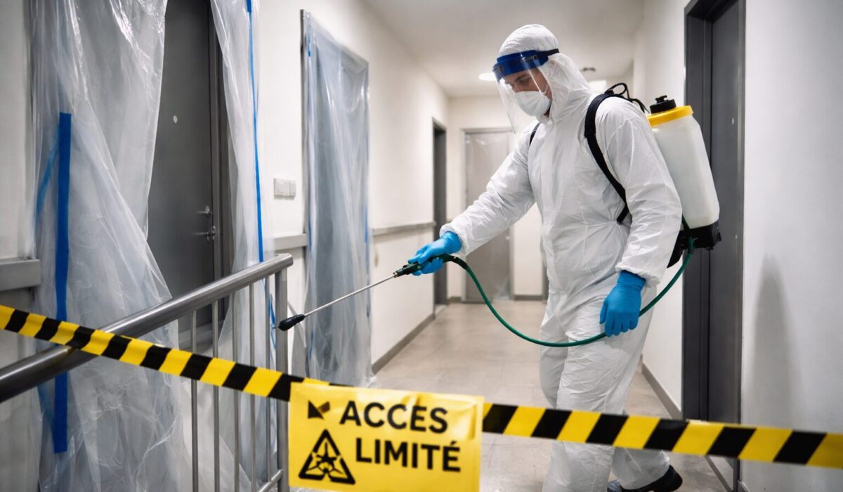 Technicien équipé de protections pulvérisant un désinfectant sur une rambarde dans un couloir d’immeuble, zone sécurisée par rubalise et bâches.