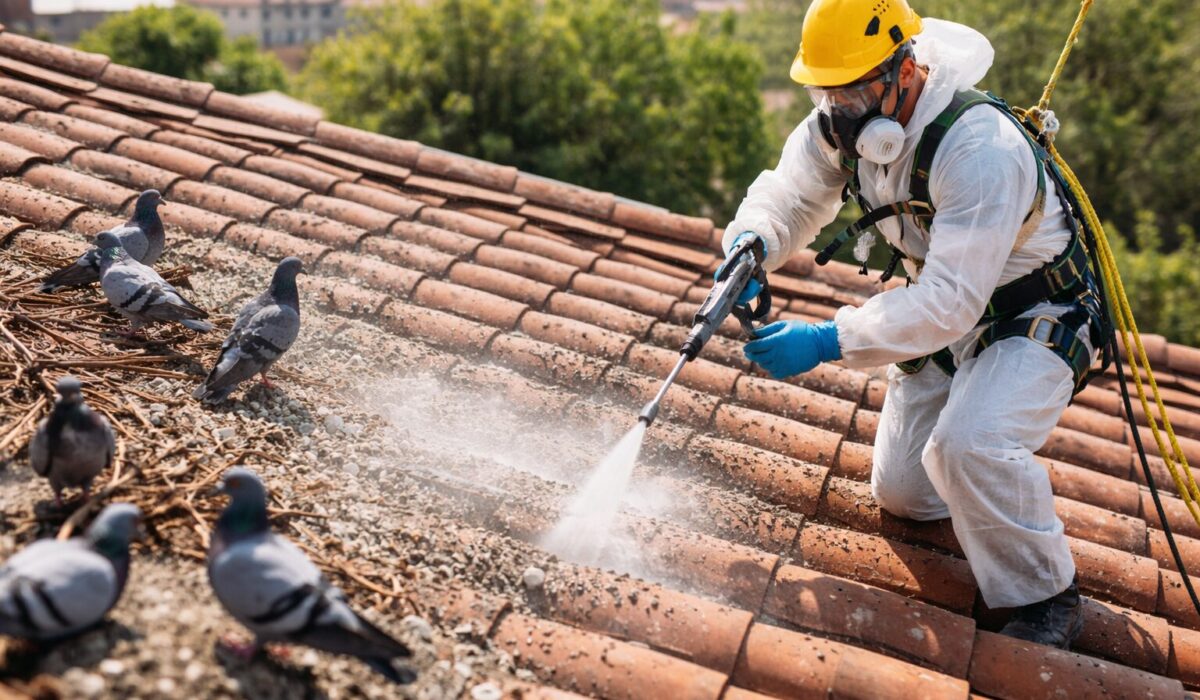 Intervention professionnelle avec équipement de protection pour éliminer des fientes de pigeon sur une toiture en tuiles, en limitant les risques sanitaires et les projections