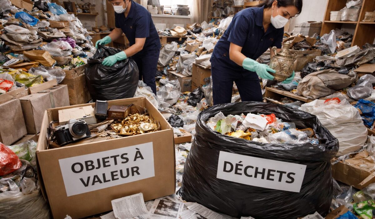 Deux intervenants trient un appartement très encombré, en séparant une caisse d’objets à valeur et un sac de déchets.