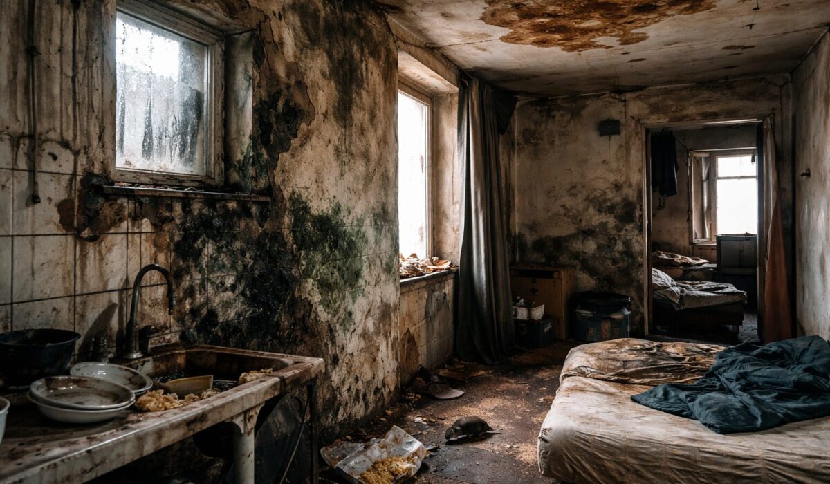 Pièce d’un logement insalubre avec murs humides et moisissures, plafond dégradé, fenêtre embuée, évier sale et matelas usé au sol