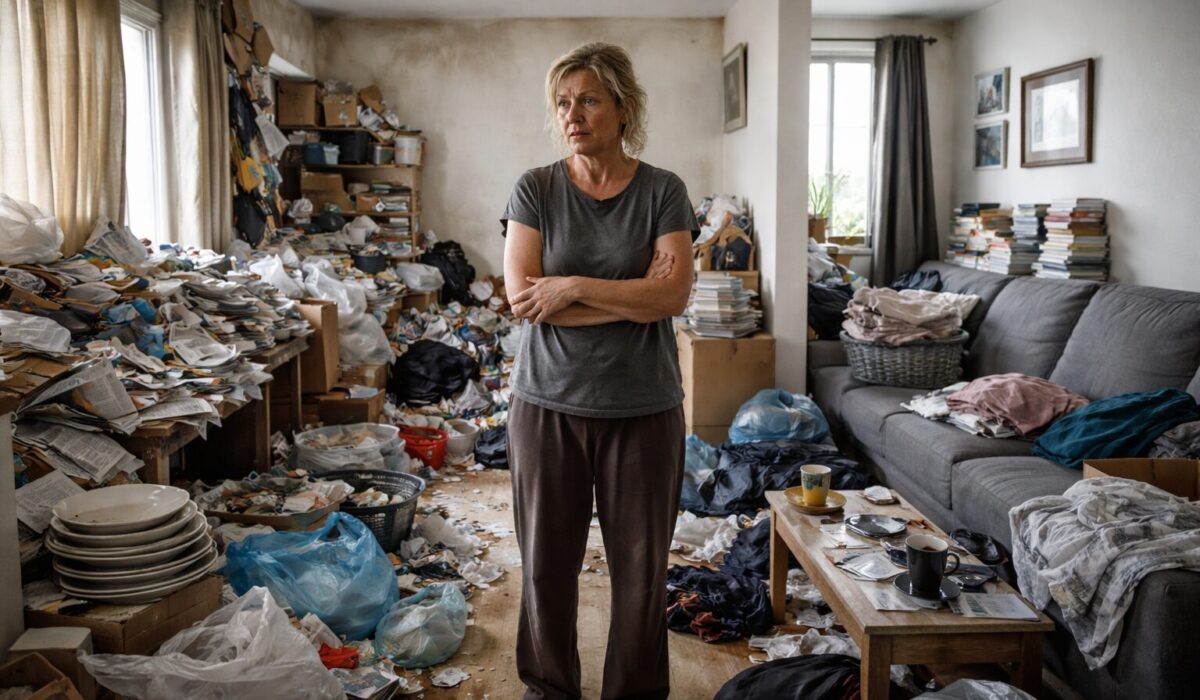 Photo horizontale d’un salon très encombré, montrant un contraste entre accumulation extrême et désordre plus gérable, avec une personne au centre.