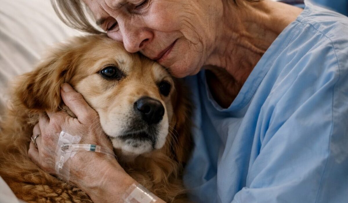 Patiente hospitalisée serrant son chien contre elle dans un moment de détresse émotionnelle lié à une séparation forcée