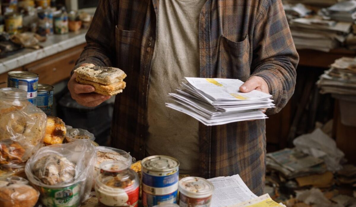 Homme âgé atteint du syndrome de Korsakoff dans un logement encombré avec nourriture périmée, courrier non traité et objets accumulés