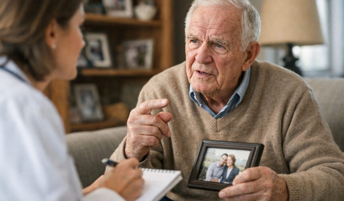 Personne âgée atteinte de troubles de la mémoire parlant avec un professionnel de santé pour repérer une confabulation active