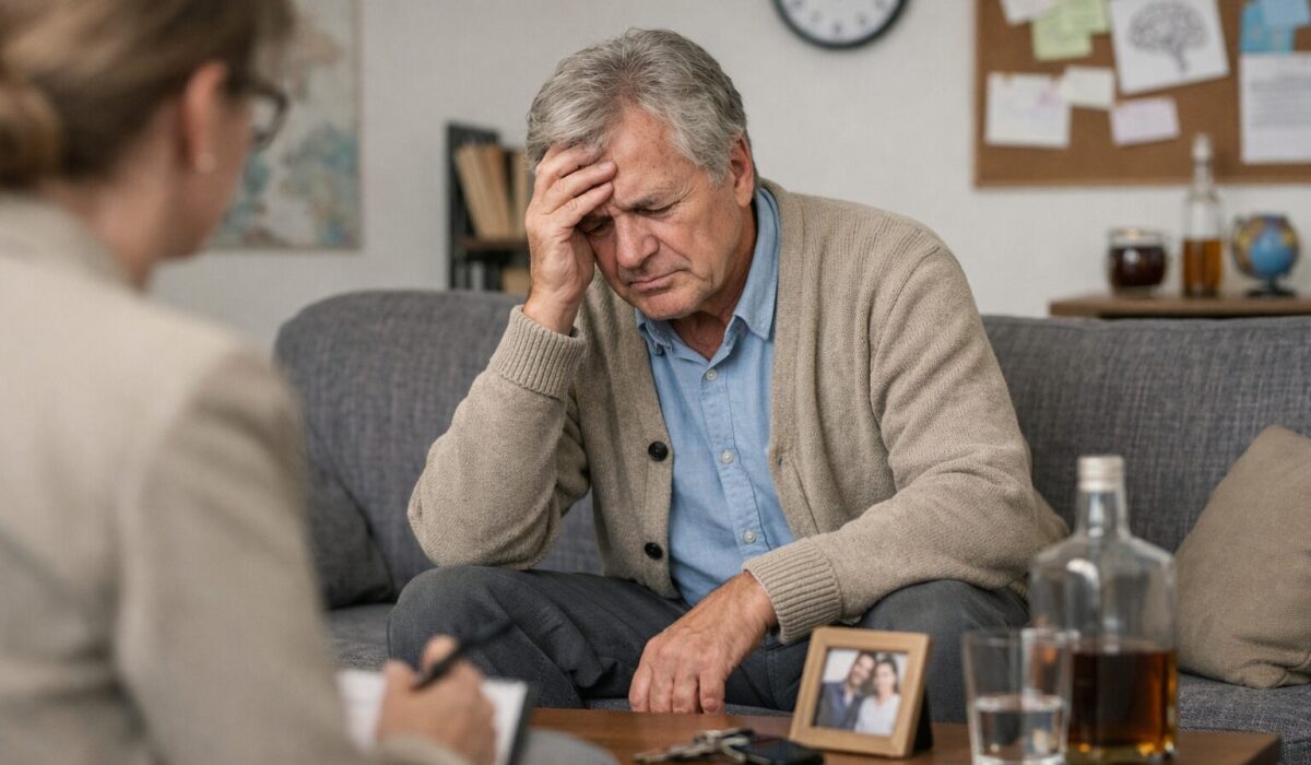 Homme assis sur un canapé en cabinet de consultation, la tête dans la main, avec un carnet et des clés sur la table, illustrant la confusion et les troubles de la mémoire