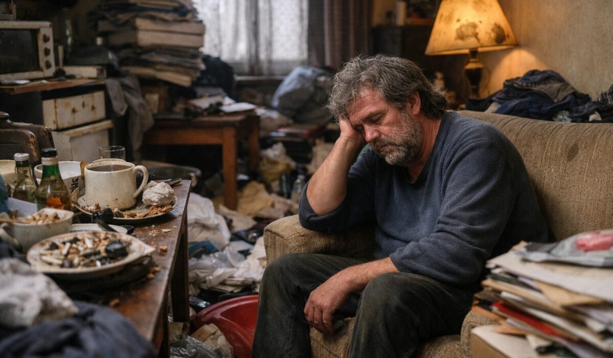 Homme fatigué assis sur un canapé dans un salon très encombré, avec vaisselle sale, piles d’objets et désordre, évoquant des signes précoces de négligence du logement