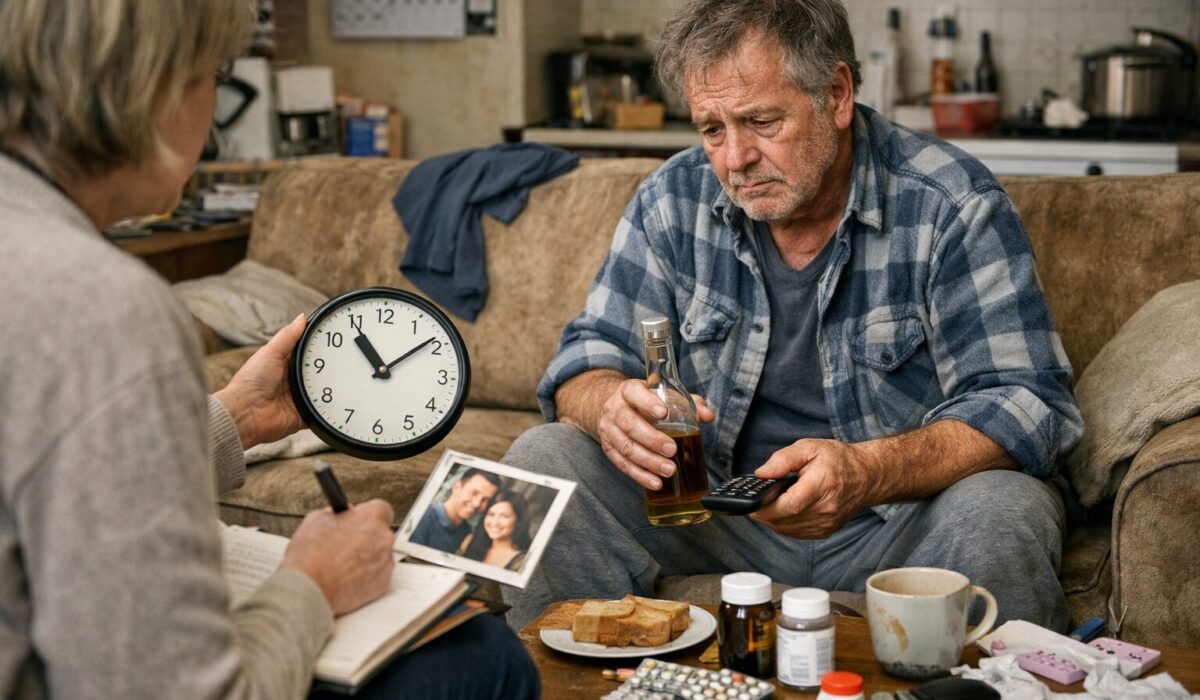 Patient vivant à domicile atteint d’un syndrome de Korsakoff lors d’une évaluation du quotidien avec une aidante, dans un salon avec médicaments, alimentation et repères temporels