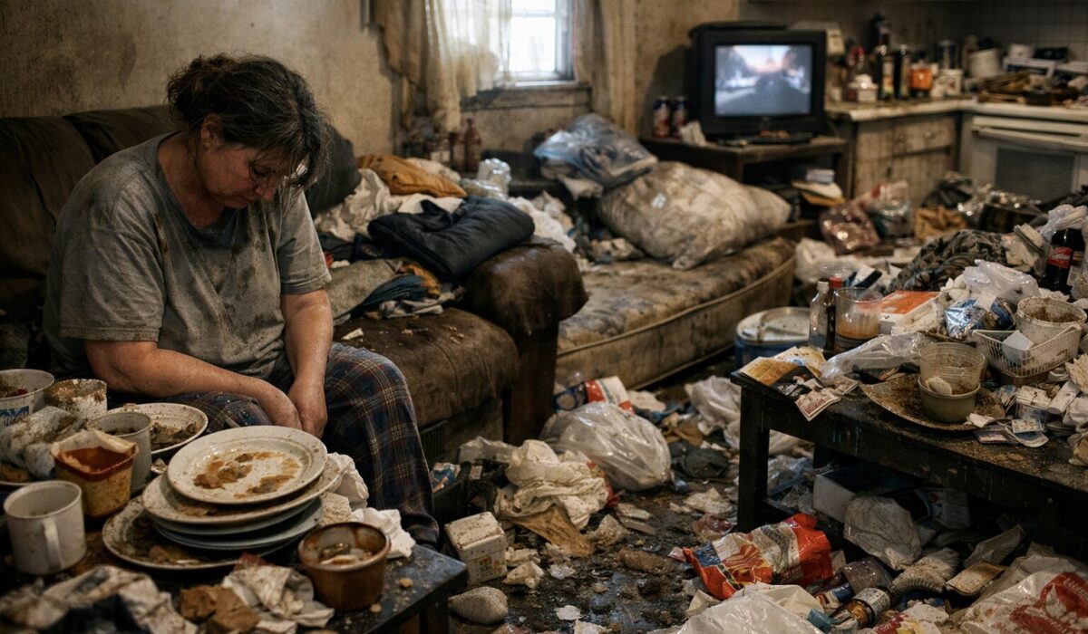 Patiente assise dans un logement fortement encombré et insalubre, illustrant la reconstitution rapide du désordre après une intervention de débarras partiel