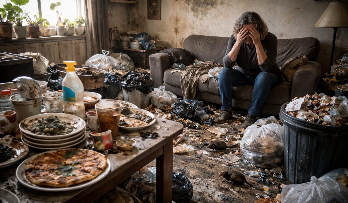 Intérieur d’un logement en situation d’incurie domestique avec déchets accumulés, vaisselle sale, humidité et nuisibles illustrant les risques liés à l’insalubrité