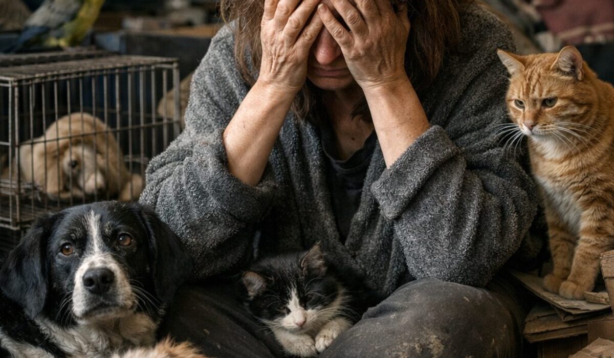 Femme entourée de nombreux animaux dans un logement encombré, illustrant le risque de reprise rapide d’animaux après une intervention liée au syndrome de Noé