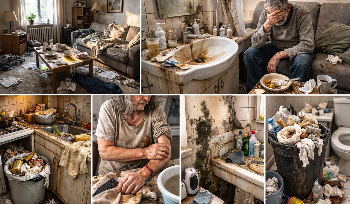Photo horizontale d’un logement peu encombré mais très sale, avec surfaces encrassées, traces d’humidité et salle de bain dégradée, illustrant une hygiène effondrée sans accumulation visible.