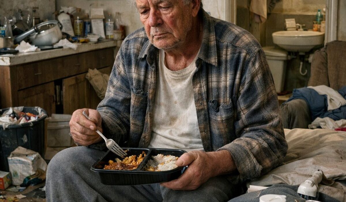 Homme âgé assis dans un logement en désordre illustrant les difficultés du syndrome de Korsakoff pour gérer les repas, l’hygiène, les rendez-vous et l’entretien du domicile