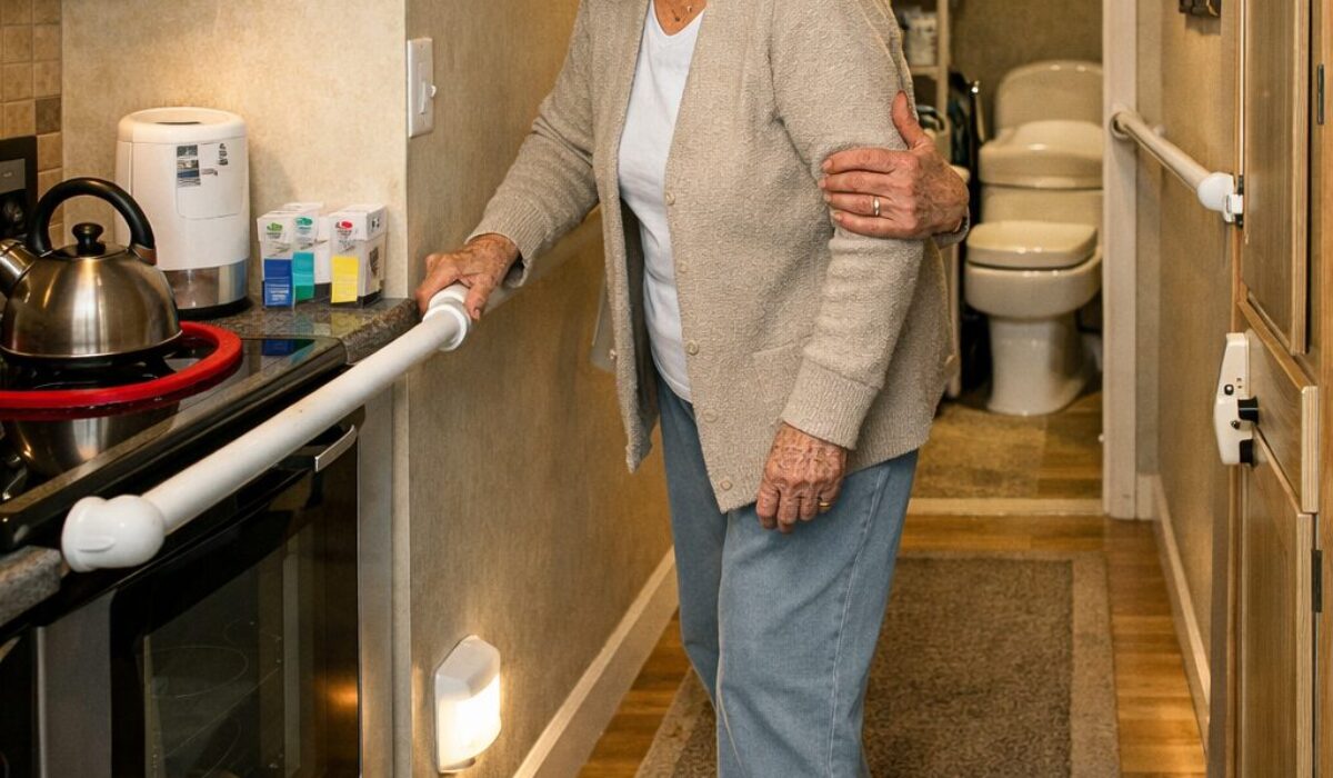 Patiente âgée avec troubles de mémoire sévères se déplaçant dans un domicile sécurisé avec barre d’appui, éclairage au sol et cuisine aménagée