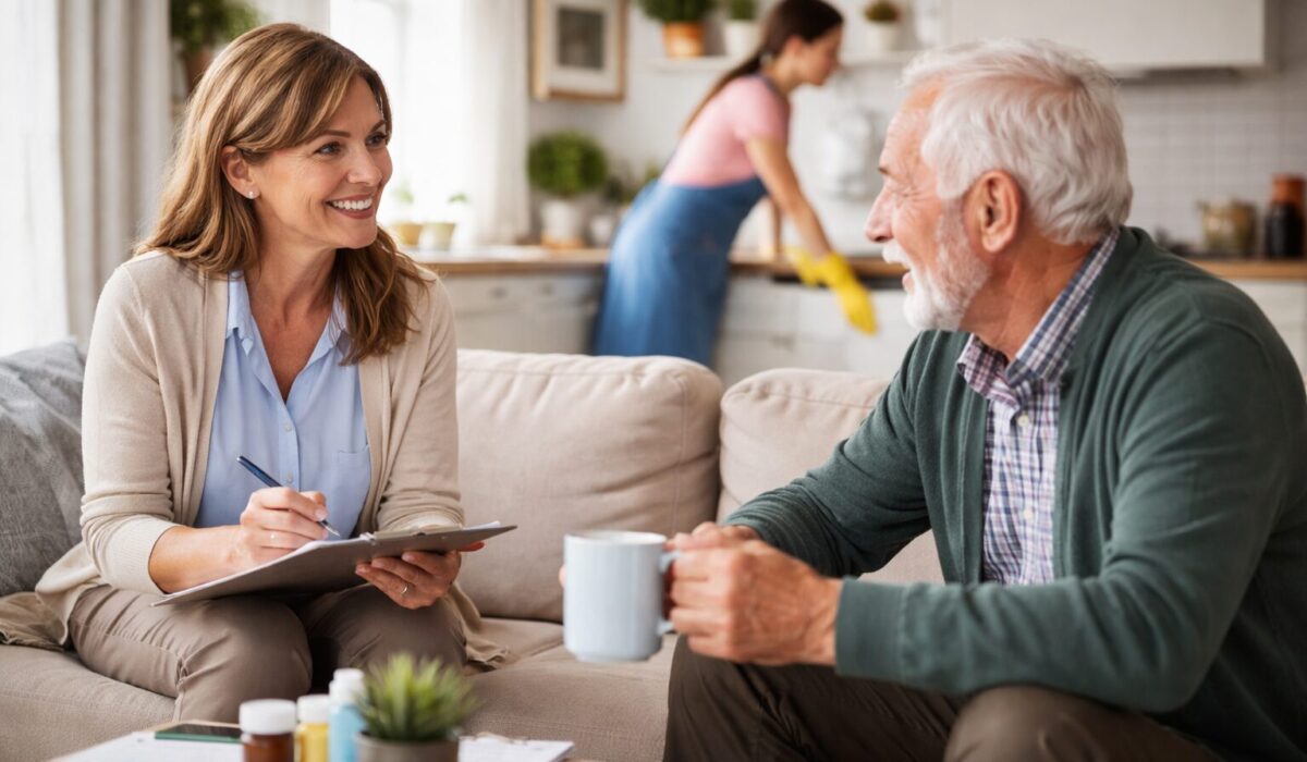 Assistante sociale échange avec un senior dans un salon propre pendant qu’une aide à domicile nettoie la cuisine en arrière-plan
