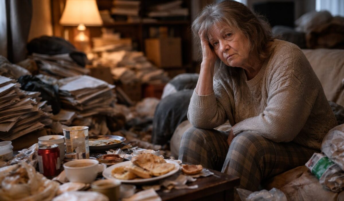 Femme âgée assise dans un salon très encombré de papiers, emballages et objets, expression fatiguée, ambiance sombre évoquant l’isolement et la négligence