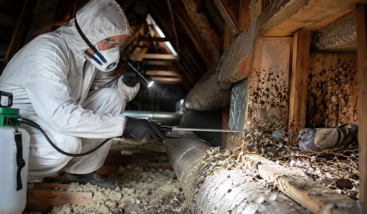 Technicien en combinaison de protection traitant un nid de pigeon contaminé par des acariens et parasites dans des combles.