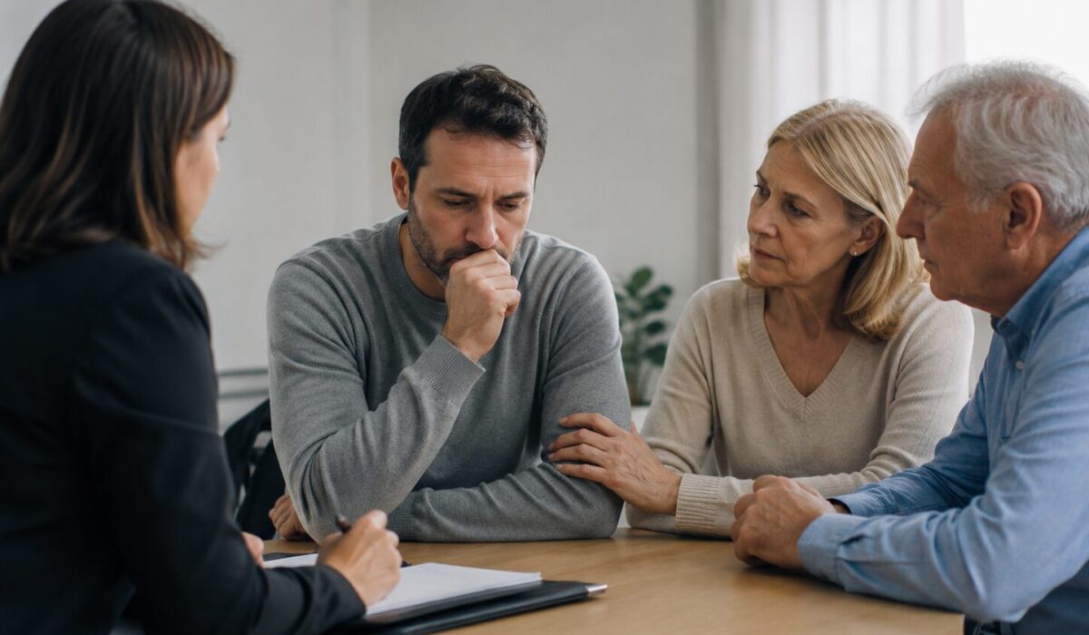 Homme hésitant lors d’une consultation avec une professionnelle et ses proches, illustrant l’acceptation d’une intervention pour soi, pour la famille ou sous contrainte