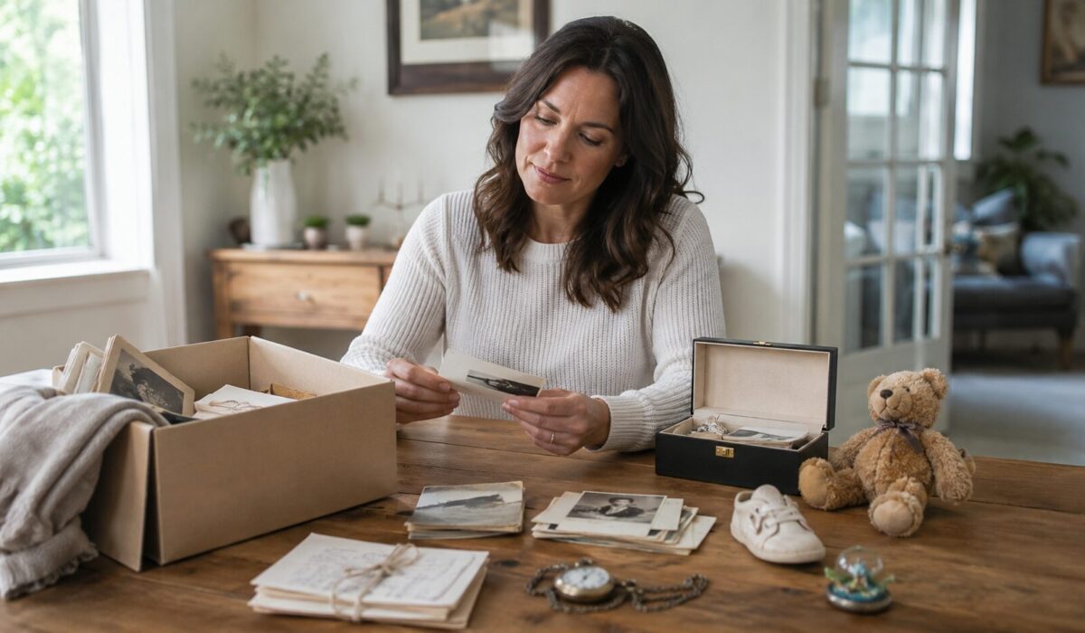 Femme triant des souvenirs personnels, photos anciennes, lettres et objets affectifs sur une table pour identifier les objets à forte valeur sentimentale à conserver