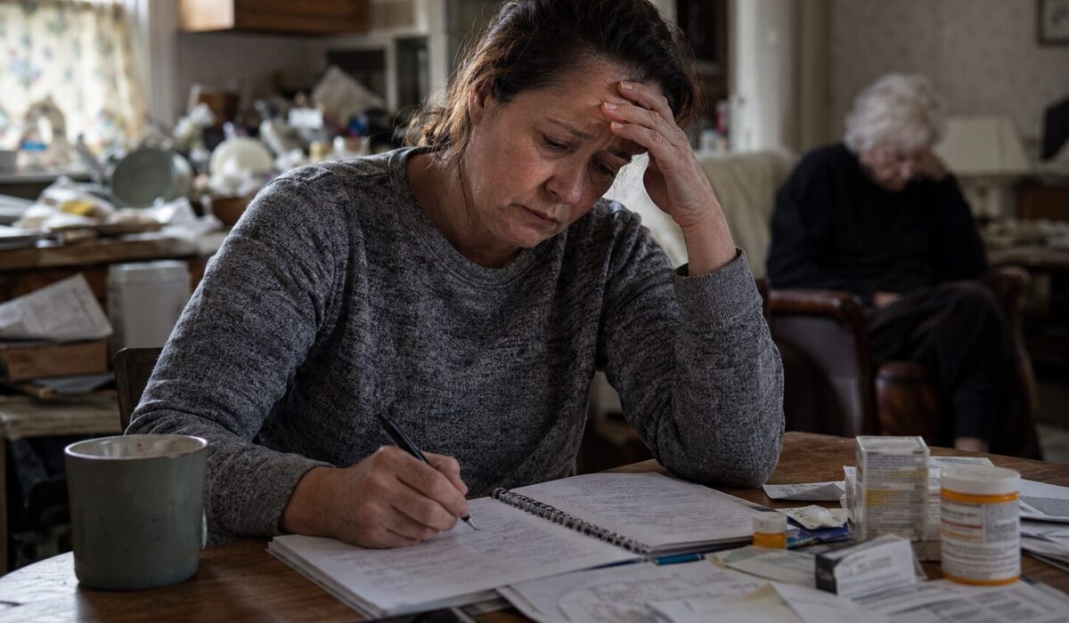 Aidante familiale épuisée documentant la situation d’incurie d’un proche âgé à domicile