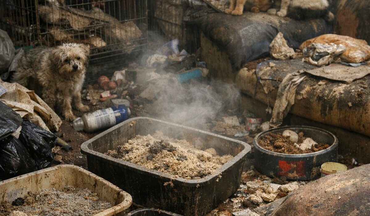 Intérieur insalubre lié au syndrome de Noé avec litières saturées, odeur d’ammoniac et zones souillées autour de plusieurs chats
