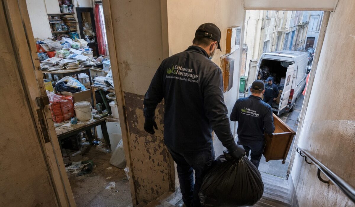 Équipe de nettoyage Diogène évacuant des déchets dans un immeuble sans ascenseur avec accès difficile en ruelle étroite