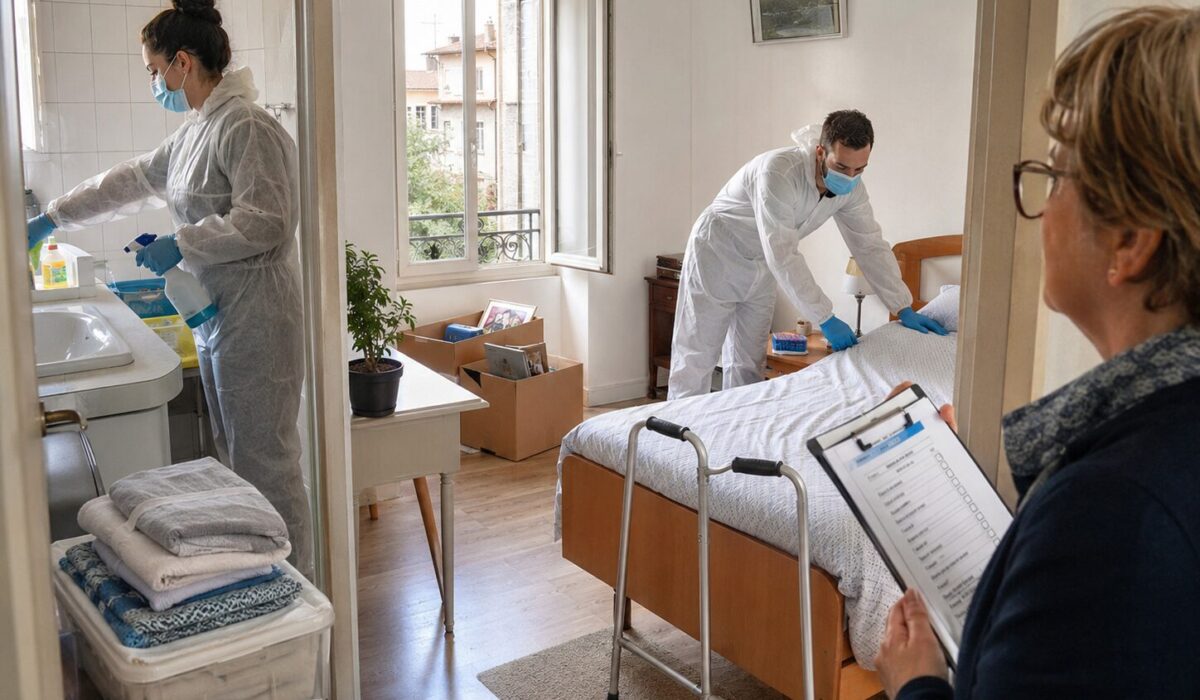 Professionnels assainissant un logement avant le retour à domicile d’un résident hospitalisé