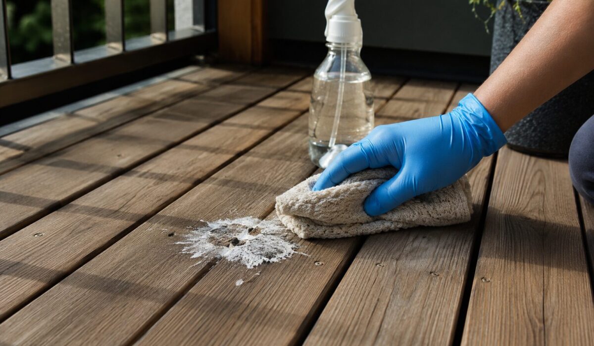 Nettoyage de fientes sur un balcon en bois à lames avec un chiffon humide pour éviter la déformation du bois