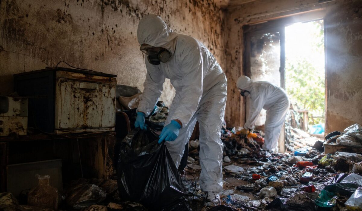 Équipe en tenue de protection réalisant un chantier de nettoyage extrême dans un logement insalubre pendant une période de canicule