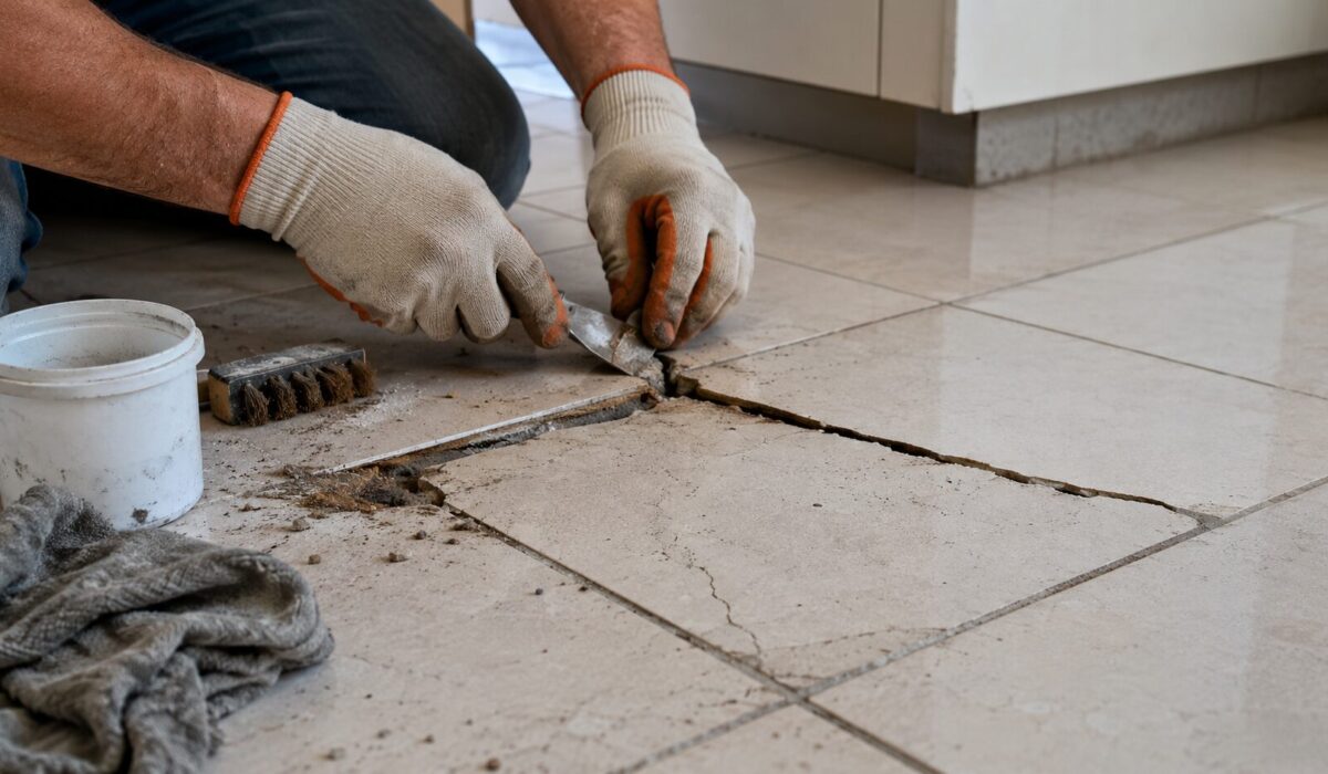 Réparation d’un carreau fissuré avec saleté infiltrée sous le carrelage