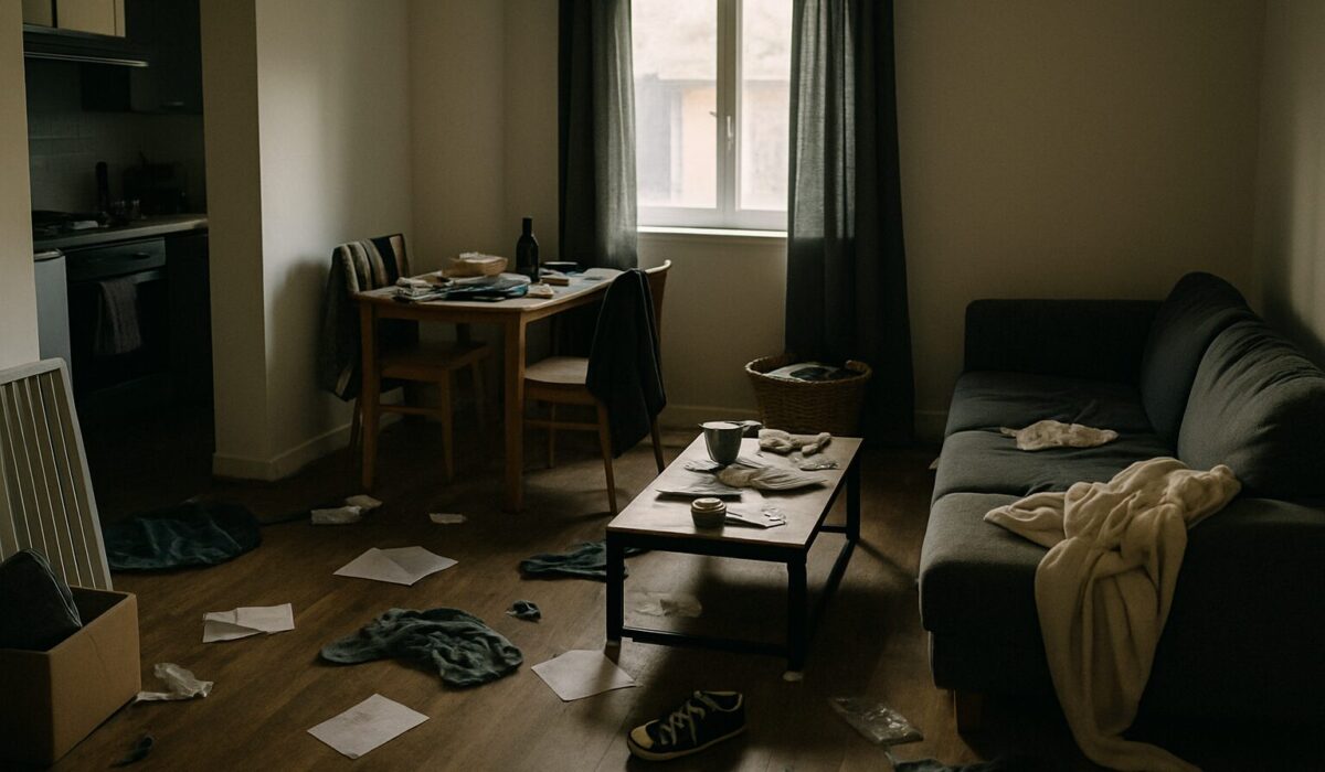 Appartement en désordre avec objets éparpillés, ambiance sombre, lumière naturelle