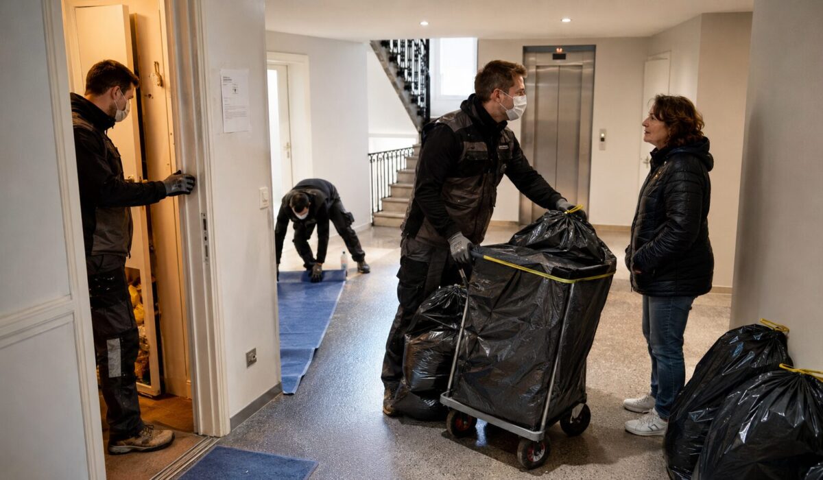 Équipe de nettoyage intervenant dans un immeuble pendant un chantier Diogène avec sacs fermés, protection du sol et échange avec une voisine pour limiter bruit, odeurs et circulation.