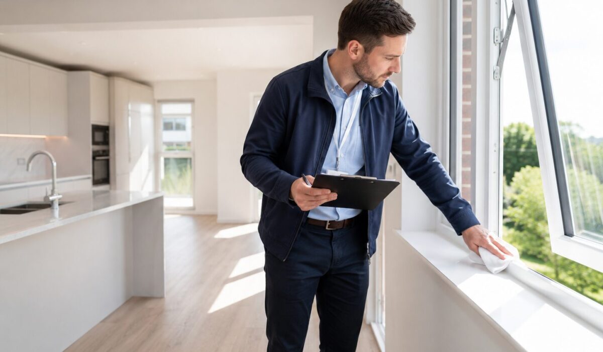 Professionnel contrôlant la propreté d’un logement rénové après chantier avec une checklist et un chiffon sur le rebord d’une fenêtre