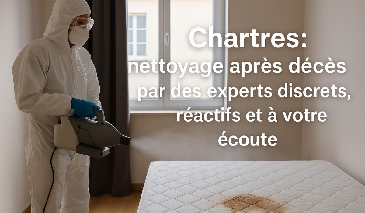Technicien désinfectant un logement à Chartres après un décès, avec matelas taché visible et titre de l’article intégré au centre de l’image