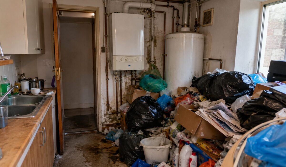 Chaudière murale et ballon d’eau chaude entourés de déchets, cartons et sacs-poubelles dans un logement encombré présentant un risque d’incendie, de fuite et d’intoxication.