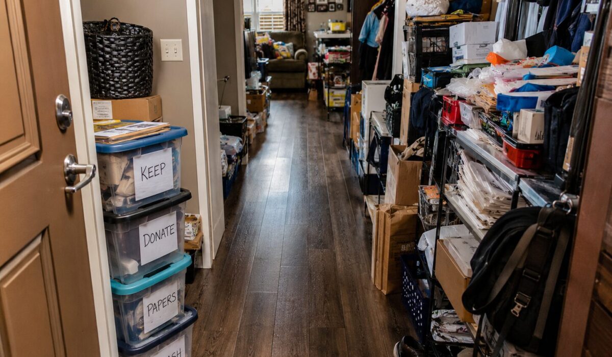 Cheminement sécurisé créé dans un logement encombré avec un passage dégagé entre des piles d’objets avant évacuation