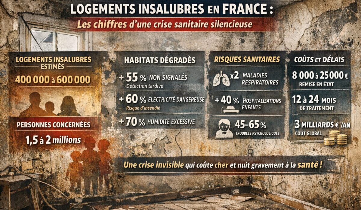 Infographie horizontale présentant les chiffres clés des logements insalubres en France, avec données sur le nombre de logements concernés, les risques sanitaires, les impacts humains et les coûts économiques.