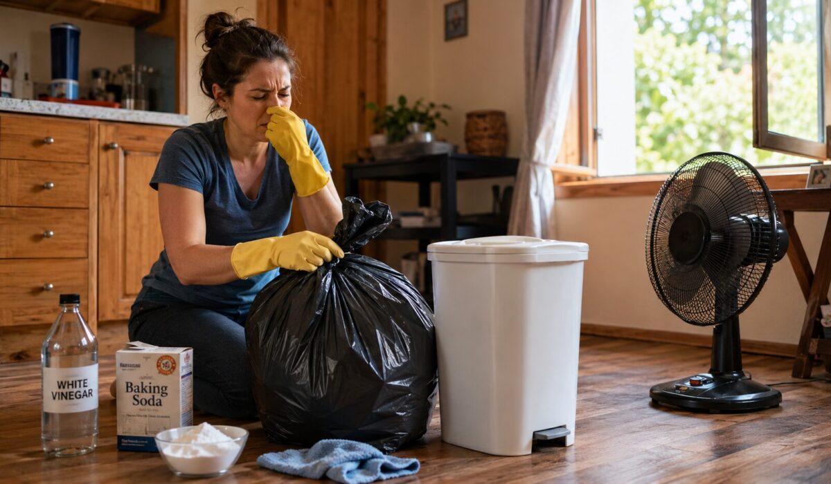 Personne nettoyant une pièce sans climatisation avec du bicarbonate, du vinaigre blanc et un ventilateur pour éliminer une odeur de poisson ou de viande pourrie