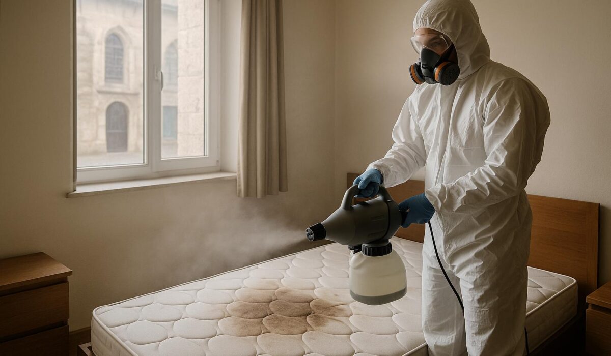 Technicien en combinaison désinfectant une chambre à Colmar après un décès, avec un matelas taché au centre de la pièce