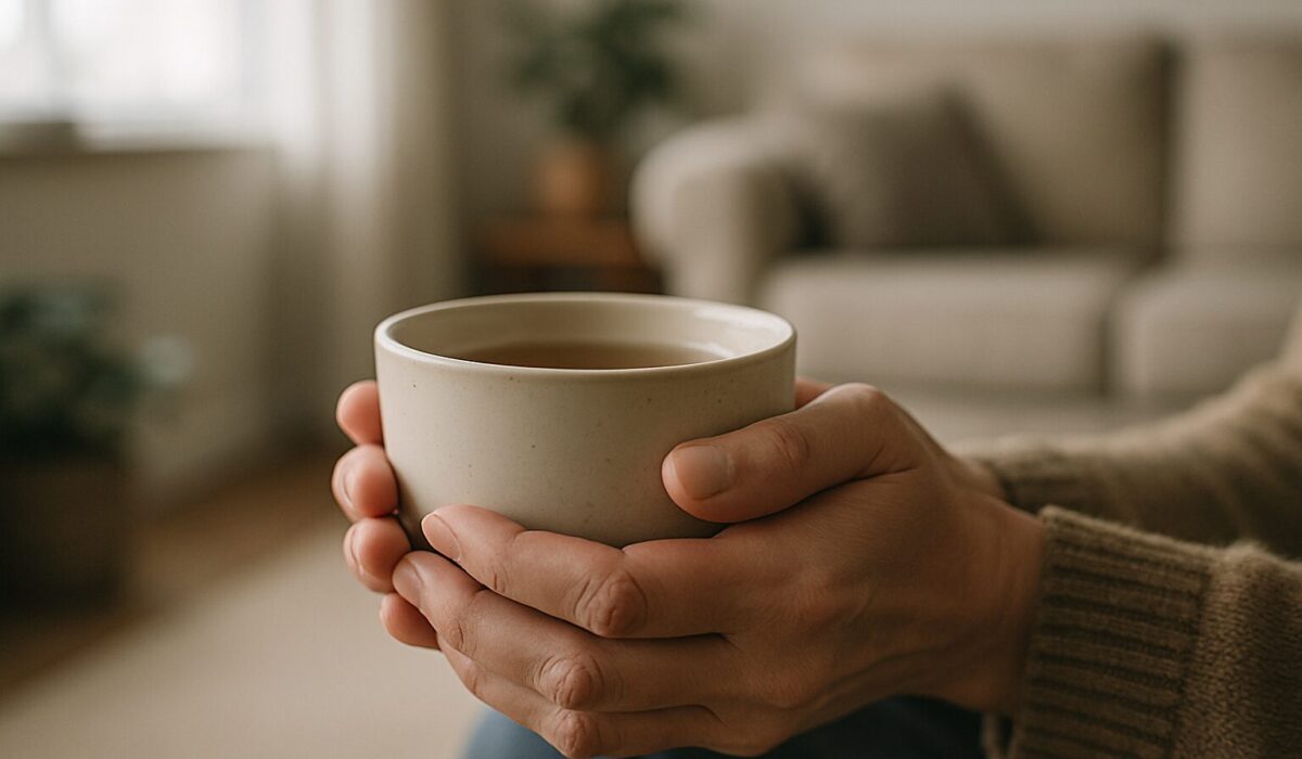 Deux mains tenant une tasse de thé dans un salon accueillant, éclairage doux