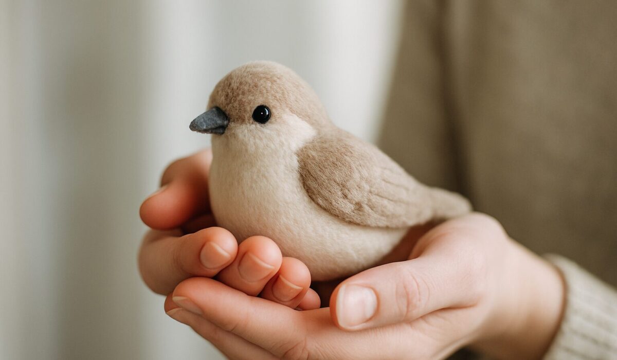 Main tenant un oiseau en peluche, représentant le soutien après une intervention pour le syndrome de Noé.