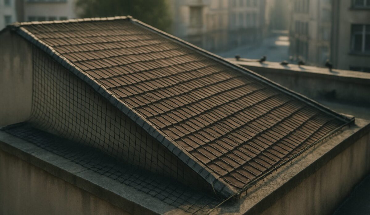 Toit avec filets anti-pigeons installés, pigeons visibles à l'arrière-plan