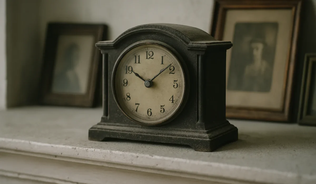 Gros plan d'une horloge ancienne poussiéreuse sur une cheminée, lumière naturelle douce.
