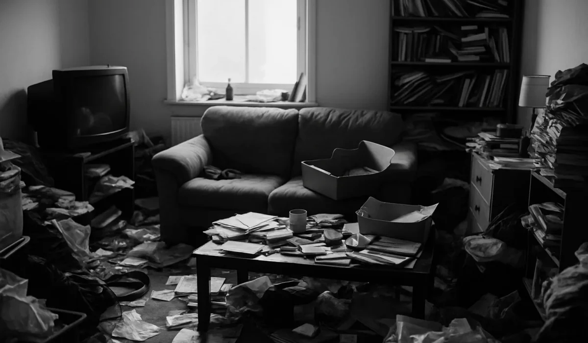 Intérieur encombré avec objets éparpillés, illustrant un environnement chaotique.
