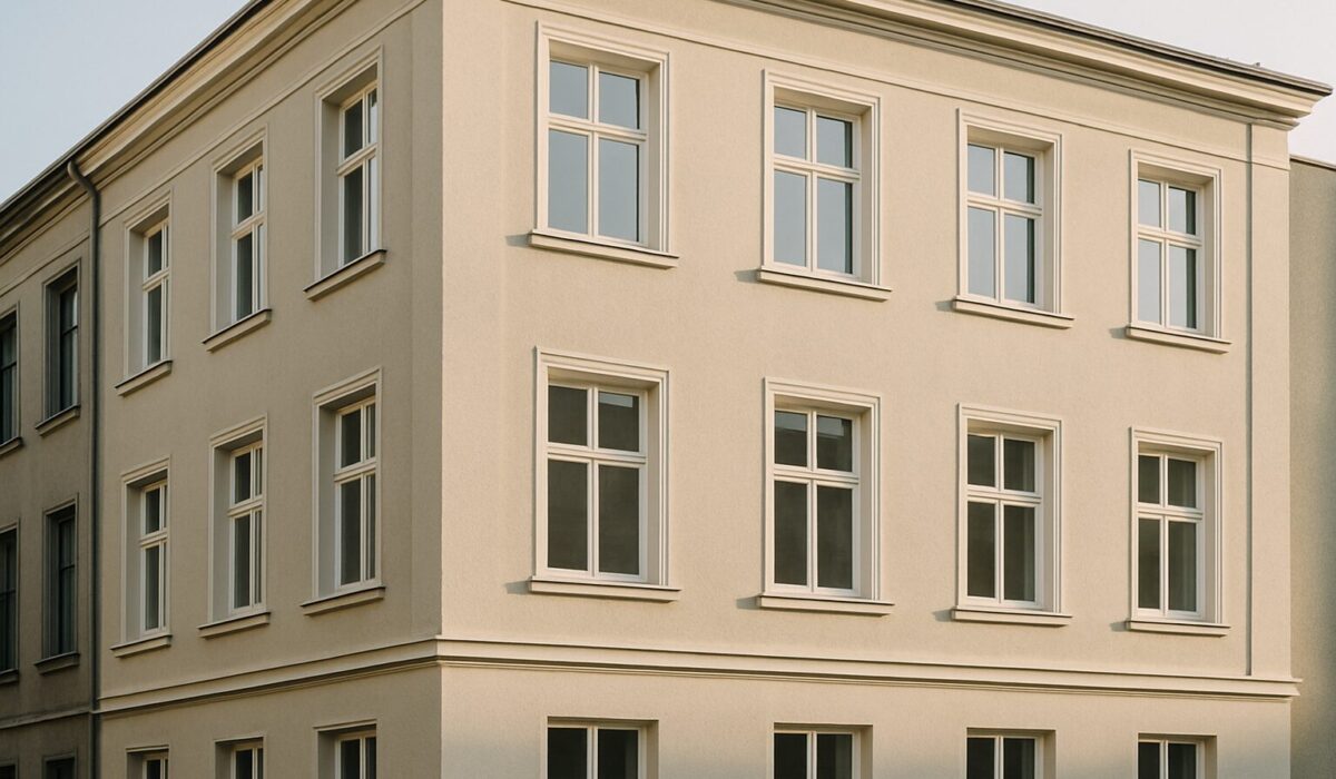 Façade propre d'un bâtiment urbain rénové après un nettoyage post-squat.