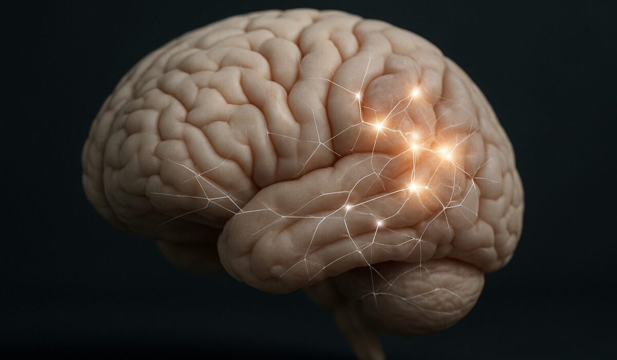 Image 3D d'un cerveau avec des connexions lumineuses illustrant le syndrome de Korsakoff.