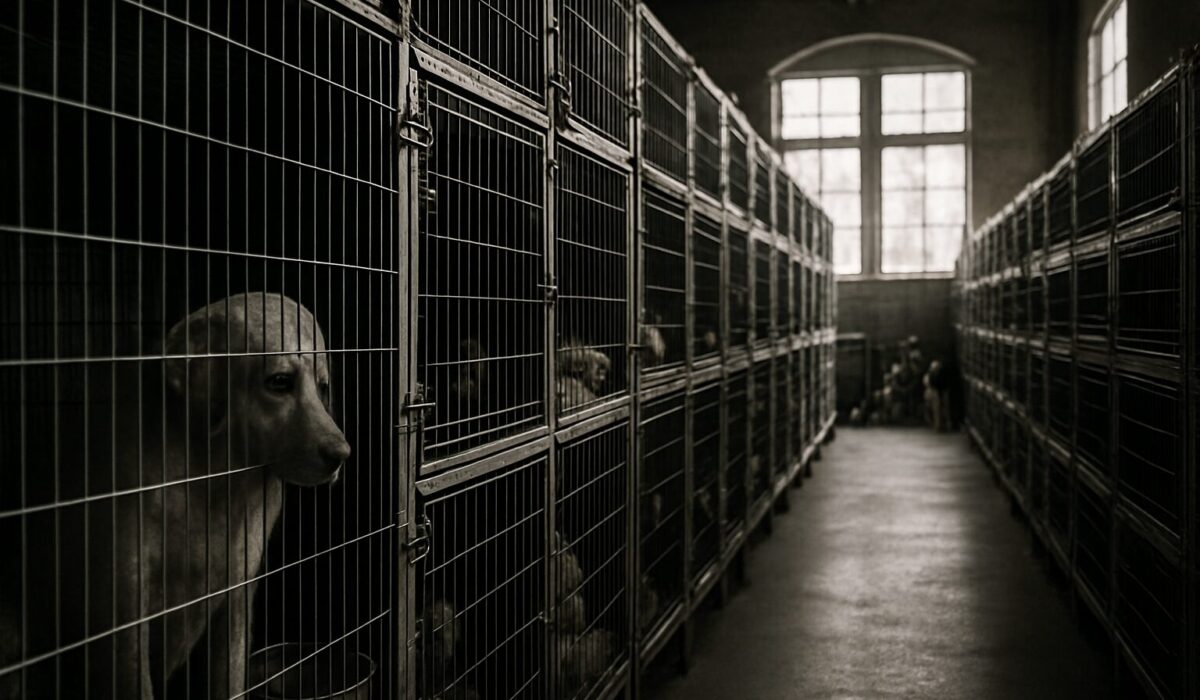 Refuge animalier bondé avec des cages alignées, lumière filtrée, ambiance de surpopulation.