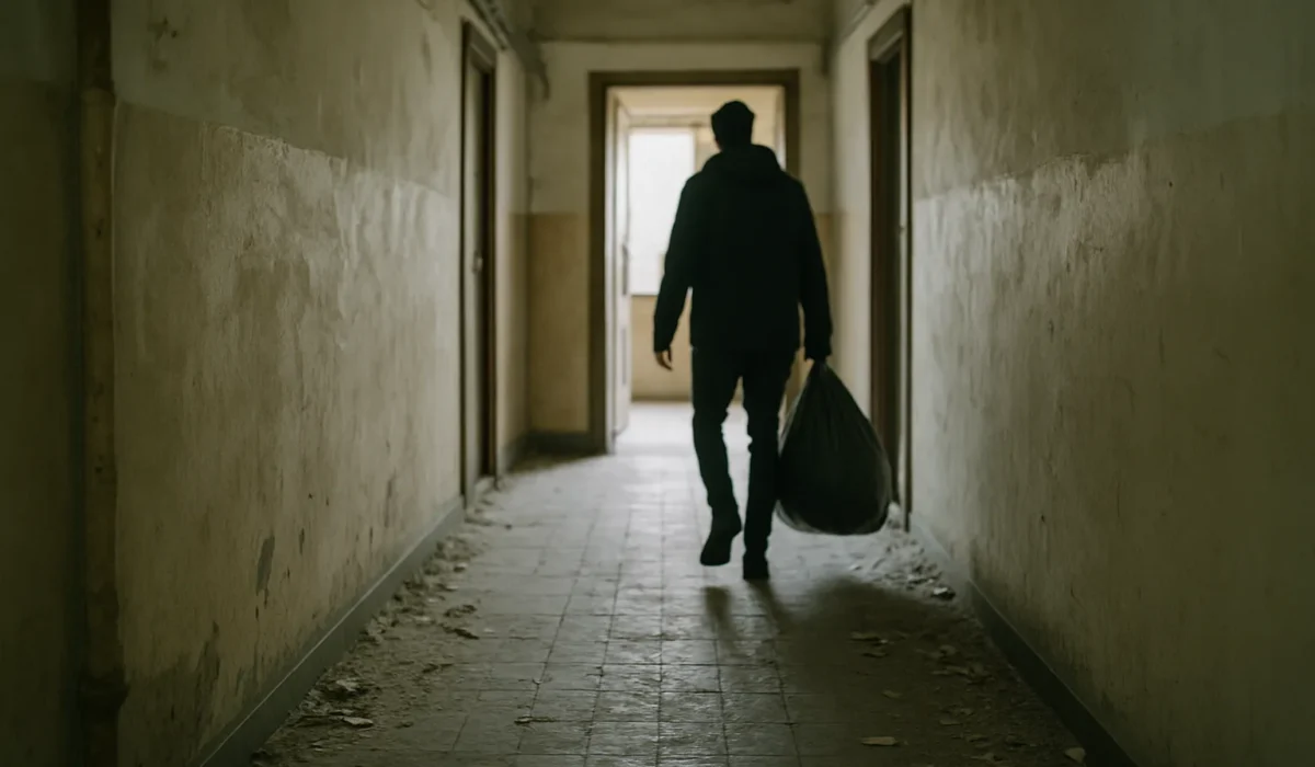 Silhouette floue avec sac-poubelle dans un couloir d'immeuble défraîchi