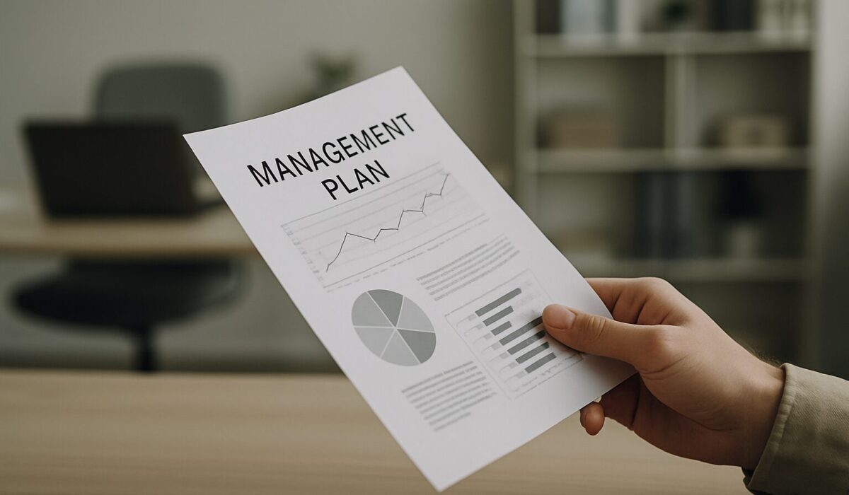 Une main tenant un plan de gestion sur un bureau, symbolisant la gestion de l'incurie sous tutelle.