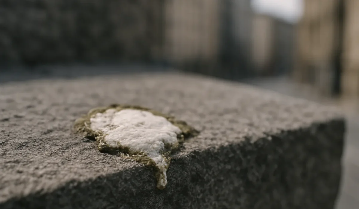 Gros plan de fientes de pigeon sur une surface de pierre avec texture visible.