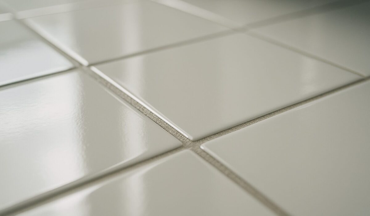 Gros plan de joints de carrelage propres sous une lumière naturelle, surface brillante.
